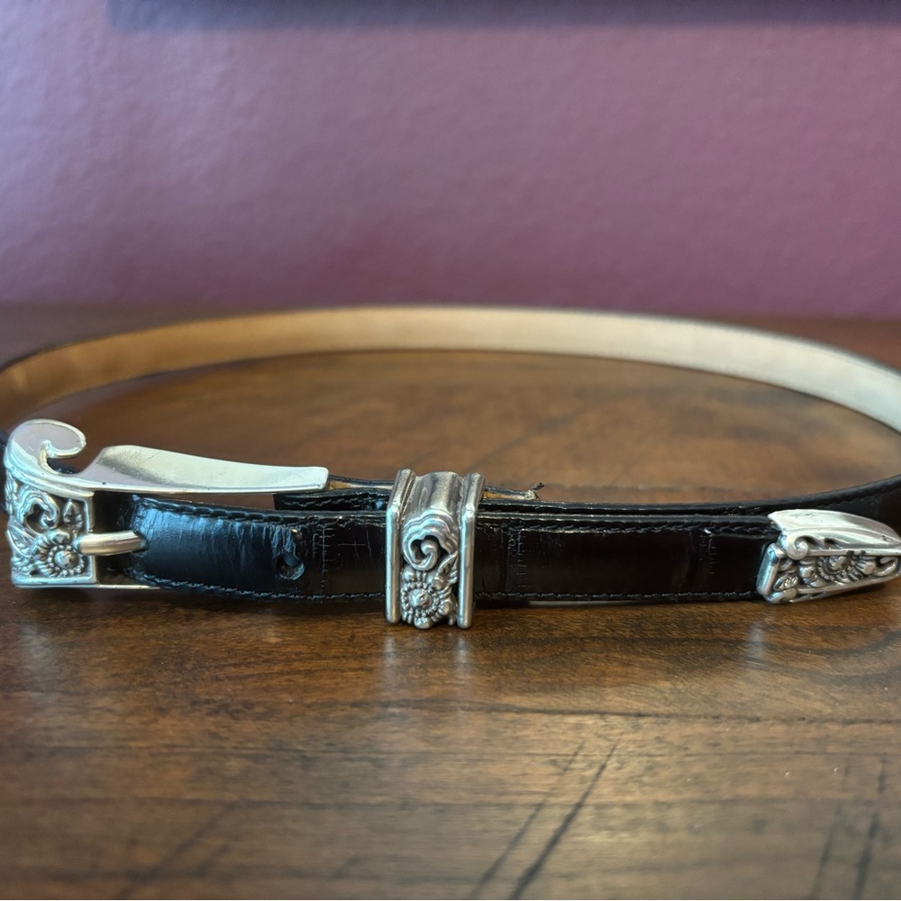 Brighton Thin Black Leather Belt with Silver Accents